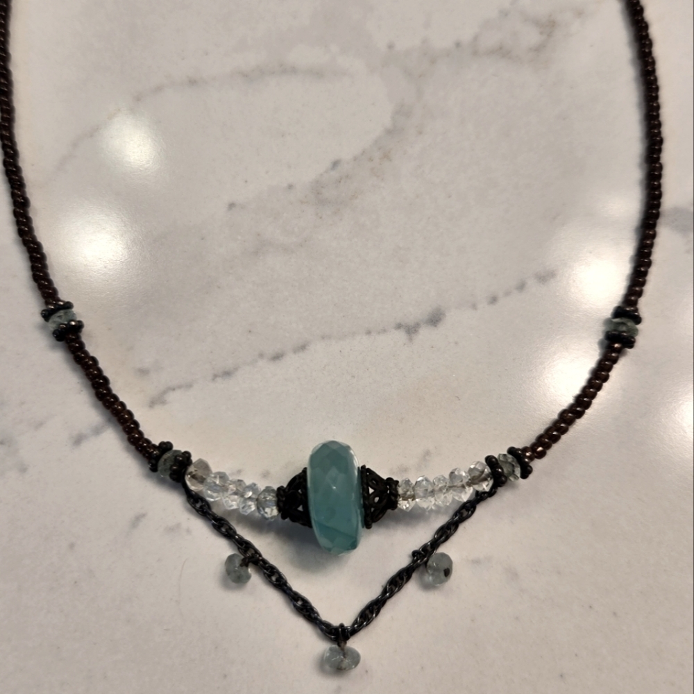 Elegant Beaded Necklace with Aqua and Bronze colored beads. Adjustable length - Picture 2 of 13